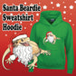 Amphisbaena Exotics original art of a cartoon realistic bearded dragon, smiling and wearing a Santa hat and beard on a Kelly green pullover hoodie. Christmas themed.