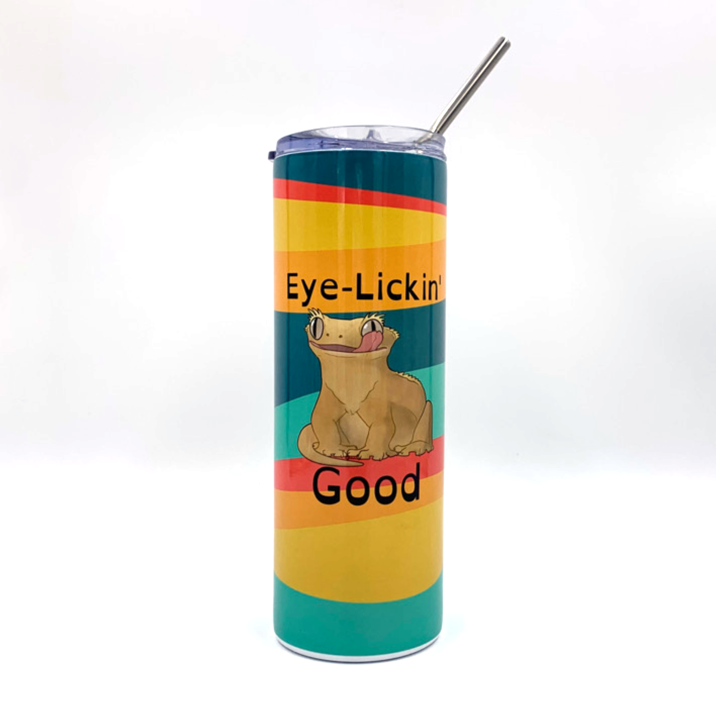A straight-sided 20 ounce tumbler with a realistic cartoon style illustration of a crested gecko, sitting down, looking forward while licking one eye with the caption, "Eye Lickin' Good" on a colorful background. The pun and the art are created by Amphisbaena Exotics